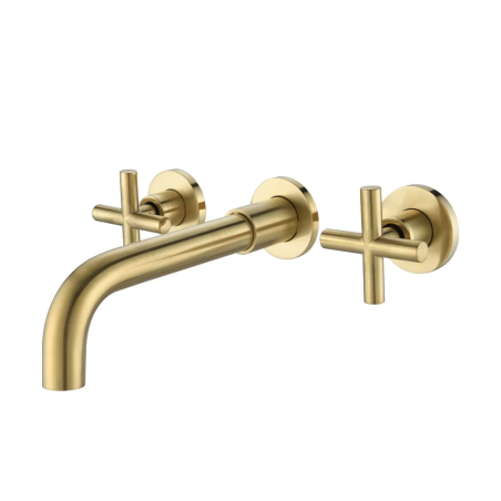 TOPSALEWHOLESALE Wall Mount Bathroom Faucet, 3 Holes 2 Cross Handles, Brushed Gold