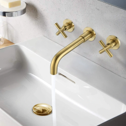 TOPSALEWHOLESALE Wall Mount Bathroom Faucet, 3 Holes 2 Cross Handles, Brushed Gold